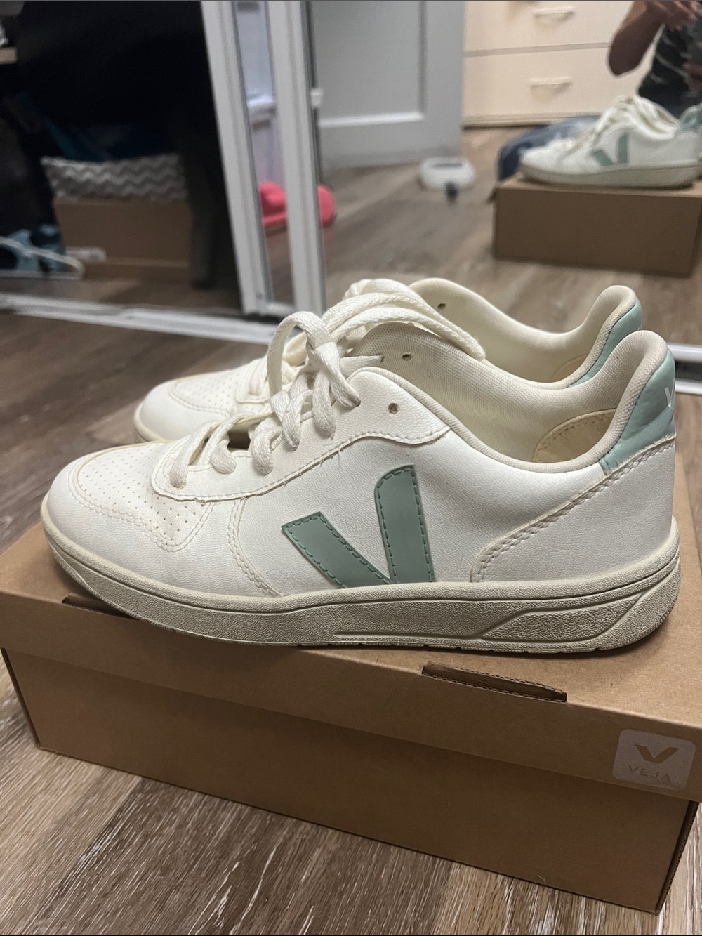 Veja Cream Sneakers with Mint Green V Accent